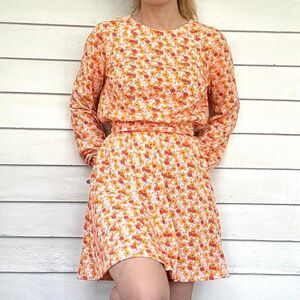 Vintage 70s Mini Skirt Long Sleeve Blouse Orange White Floral Print XS